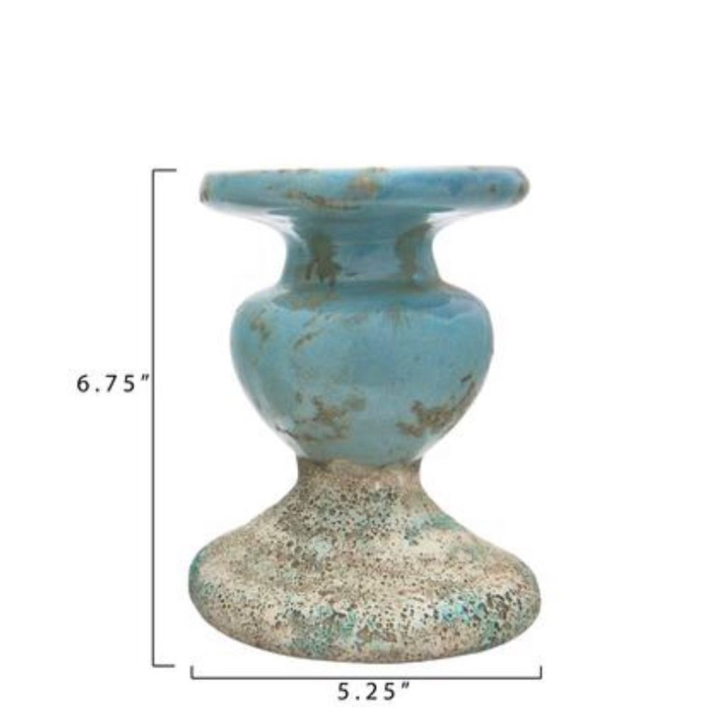 7" Blue Distressed Terracotta Pillar Candleholder. Heavy nice piece
